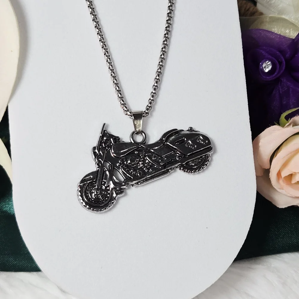 Silver Motorcycle Pendant Necklace 24” Stainless Steel Chain Edgy Biker Gift